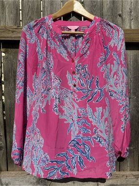 Lilly Pulitzer Elsa 100% Silk Top Exotic Garden Pink Blue Size M